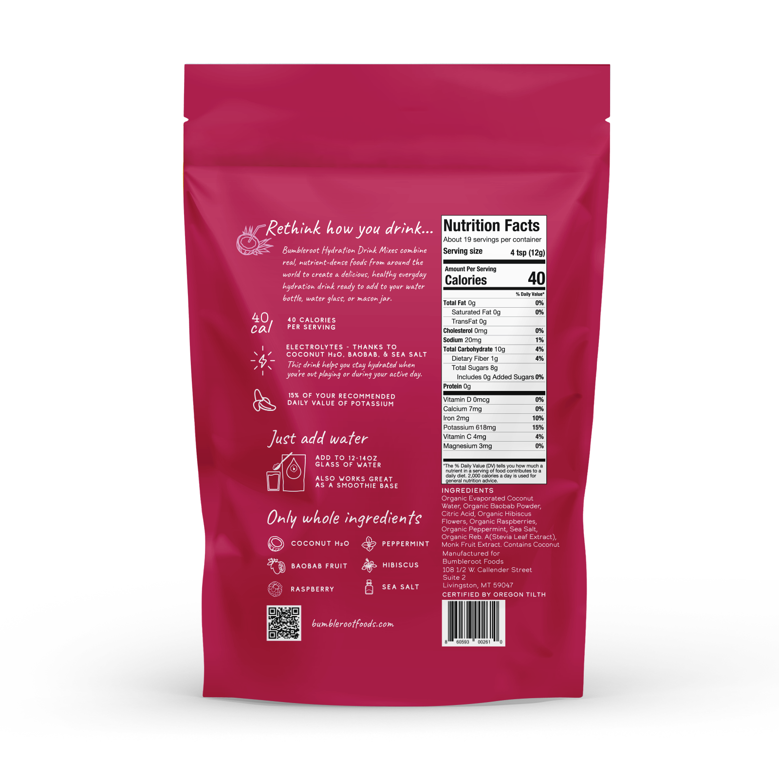 Organic Hydration Drink Mix (Raspberry Hibiscus Mint), 8 oz pouch/19 servings
